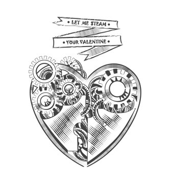 steampunk hipster vector drawing Valentine heart art element for card, site