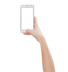 Female hands taking photo with smart phone of blank white touch screen, front view, isolated