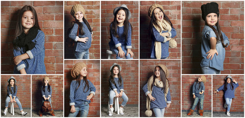 Collage of little fashion kid girl on bricks wall background