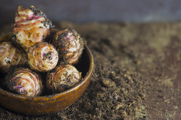 Topinambur in einer Schale auf dem Boden