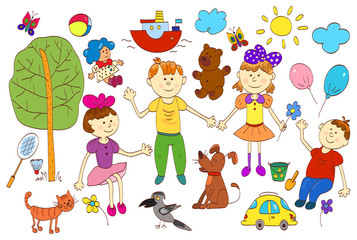 Doodle set of cute child's life including pets, toys, plants things for sport and celestial elements.