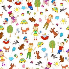 Naklejka premium Doodle seamless pattern of cute child's life including pets, toy, things for sport and celestial elements.