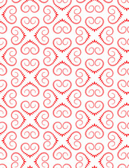 Seamless heart signs pattern. Love, birthday, Valentine day, holiday, sale texture. Twist ornament of laurel leaves. Red, white colored background. Vector