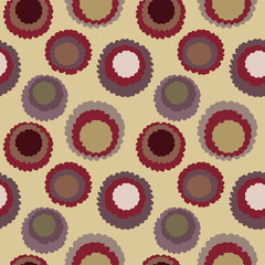 Seamless polka dot, motley texture. Abstract spotty pattern. Circles with torn paper effect. Brown, vinous, yellow colored. Chocolate cornflakes theme. Vector 