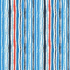 Seamless striped pattern. Vertical narrow lines. Torn paper, shred edge texture. Contrast, blue, red, white colored background. Vector
