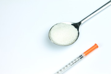Fototapeta na wymiar Little insulin syringe and spoon with sugar 