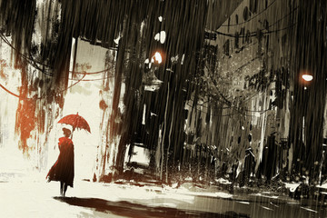 Fototapeta premium lonely woman with umbrella in abandoned city,digital painting