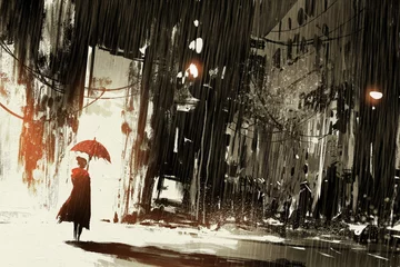 Foto op Plexiglas eenzame vrouw met paraplu in verlaten stad, digitaal schilderen © grandfailure