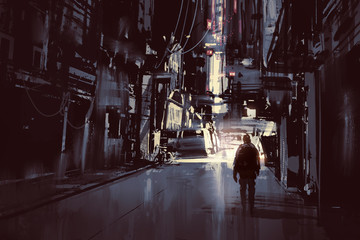Naklejka premium man walking alone in dark city,illustration painting