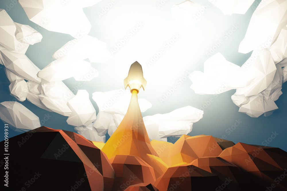 Poster blasts off space rocket from cosmodrom in the clouds, polygonal