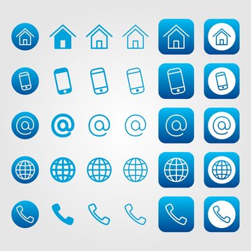 Blue line contact icon set for business cards - home/address, mobile, email, webpage, phone