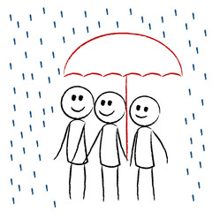 Menschen im Regen unterm Regenschirm