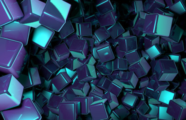 Rendered 3D Cubes Randomly Distributed in Space, Dark Blue Cubes