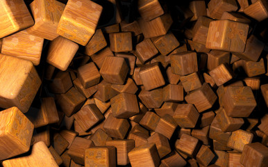 Rendered 3D Cubes Randomly Distributed in Space, Wooden Texture Used