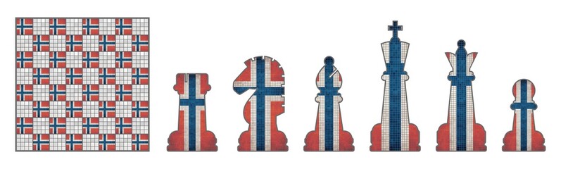 Chess pieces with Norway flag - Illustration,
Chess Pieces Set. Chess pieces with grunge Spanish Flags. Kings, queens, knights, bishops, rooks 
and pawns. Chess pieces and games visuals.