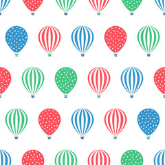 Hot air balloon seamless pattern. Baby shower vector illustrations isolated on white background. Polka dots and stripes. Colorful hot air balloons design.