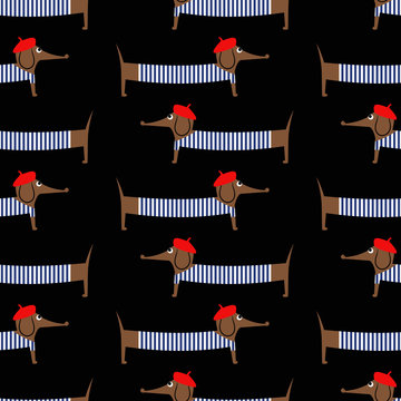 French style dog seamless pattern on black background. Cute cartoon parisian dachshund vector illustration. Child drawing style puppy background. French style dressed dog with red beret and frock.