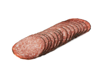 Stack of multiple salami slices isolated