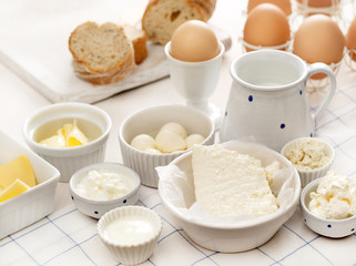 Dairy products on a white table