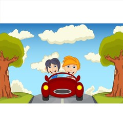 Children driving a car at the street cartoon vector illustration