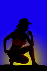 Silhouette of cowgirl kneel one knee