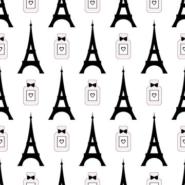 Cute cartoon tour Eiffel with perfume vector illustration. Paris symbols seamless pattern. Romantic travel in Paris.