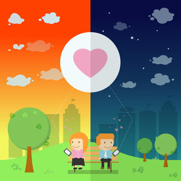 The lover send the emotional heart yours resonance on smart phone in the park be different day and night Vector illustration