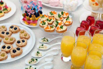 Set of cold snacks, canape, beverages, closeup