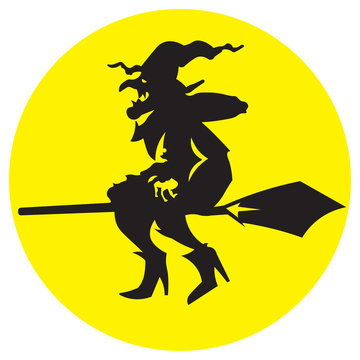 Silhouette illustration witch flying on a broomstick.