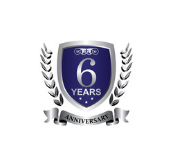6 anniversary with blue silver shield star wreath and ribbon