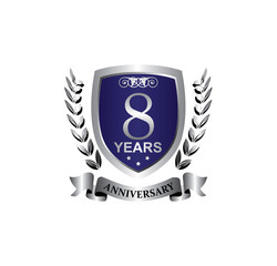 8 anniversary with blue silver shield star wreath and ribbon