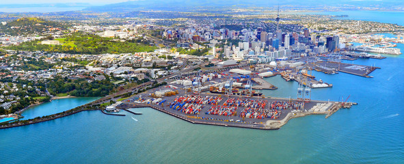 Aerial view of  Auckland financial and the ports of Auckland New Zealand