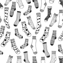 Seamless black and white pattern of doddle socks for colored book