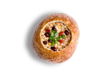 Top view of bean and barley bread soup
