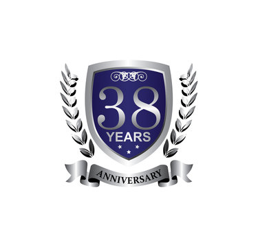 38 anniversary with blue silver shield star wreath and ribbon