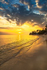 Crédence de cuisine en verre imprimé Jaune Coucher du soleil fabuleusement paisible de plage sablonneuse avec le feuillage vert et le st