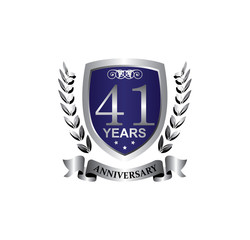 41 anniversary with blue silver shield star wreath and ribbon