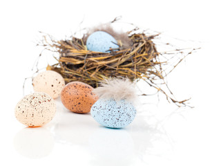 Naklejka na ściany i meble Easter eggs in bird nest isolated on white background