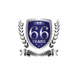 66 anniversary with blue silver shield star wreath and ribbon