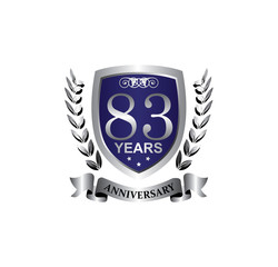 83 anniversary with blue silver shield star wreath and ribbon