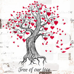 Vector hand drawn Valentines Day tree with red hearts tree of ou