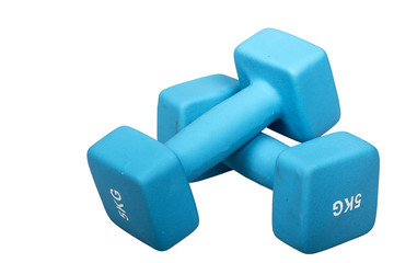 Two blue dumbbells isolated on a white background