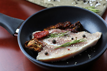steak in a frying pan
