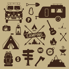 Set of camping equipment and icons. Summer camping.
