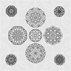 Black and white abstract circular pattern mandala. Set 9