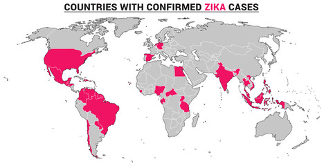 Countries with confirmed Zika virus cases. Vector world map with fully editable layers. Data from WHO February 2016.