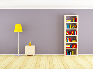 wall with bookcase and nightstand