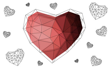 Pink, red heart isolated on white background with pattern consisting of triangles.