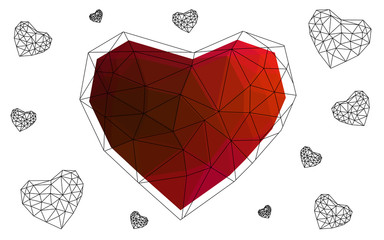 Pink, red heart isolated on white background with pattern consisting of triangles.