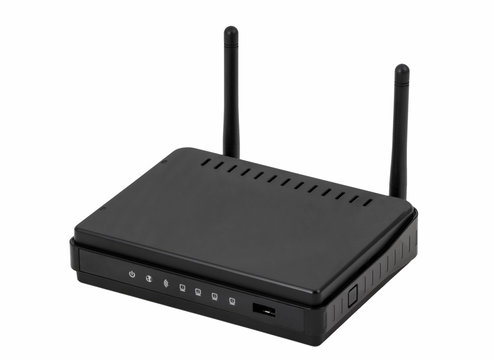 Electronic collection - black wireless internet network wi-fi router isolated on white background